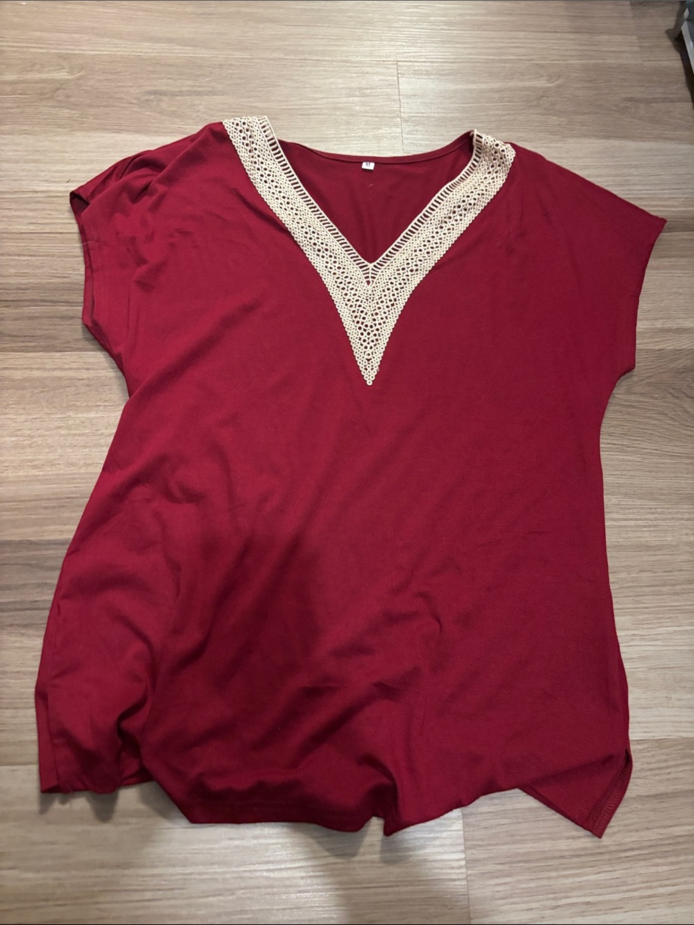 Women's Maroon V-Neck Crochet Trim Top